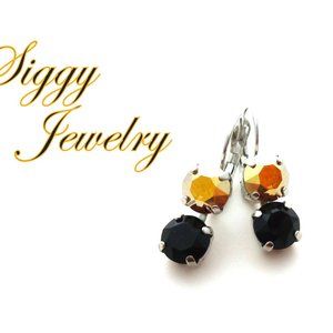 Swarovski Crystal Double Drop Earrings, Jet Black and Gold Metallic Sunshine